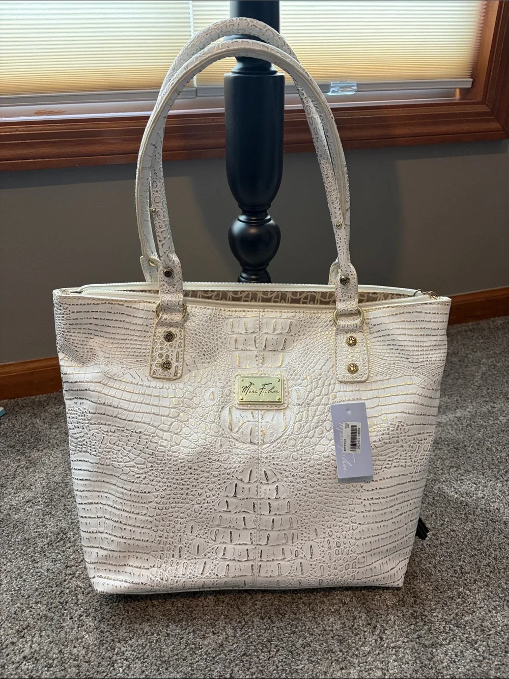 Marc Fisher White Embossed Croc Tote with Gold Hardware